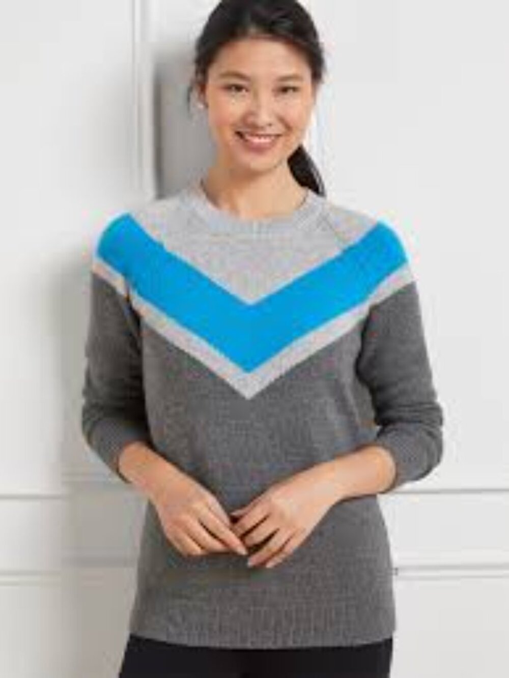 Talbots Wool-Blend Thermolite Gray/Blue Colorblock Crewneck Sweater Size Large